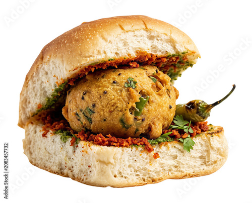 A delicious Indian street food vada pav on a white background isolated on a transparent background