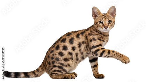Canvastavla Spotted Savannah cat with large ears and striped tail