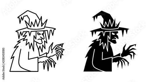 Obraz na plátně Witch Icon: A sinister witch depicted in two stylized icon versions, one in outline and the other in silhouette, showcasing sharp claws and an eerie pointed hat, perfect for Halloween themes