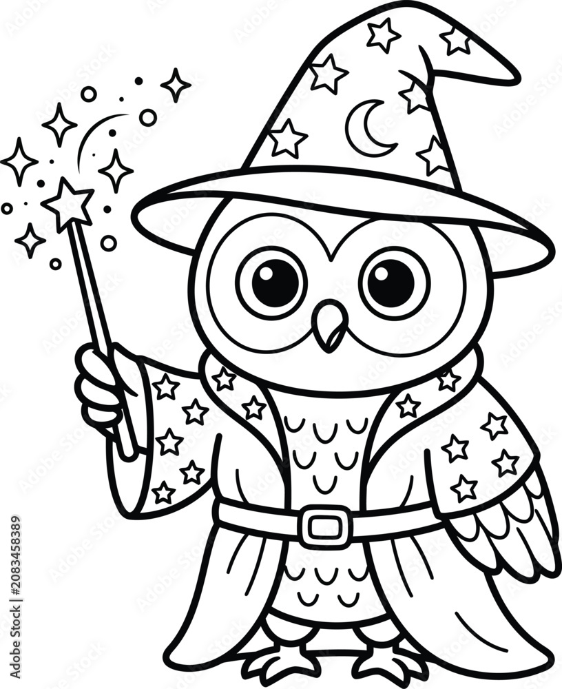 Obraz premium Wise owl wizard with magic wand casting spells, wearing wizard hat and robe.