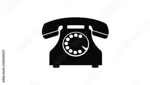 Icon vector illustration of a retro black rotary dial telephone from the mid-twentieth century on a white background.