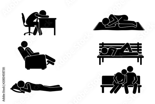 Fotografie Stick Figure Relaxation and Rest Poses, Diverse Sleep and Leisure Activities, Ve