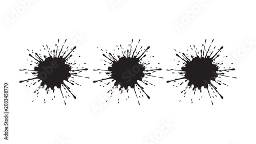 Obraz na płótnie Set of three isolated black ink splashes with paint splatters on transparent background
