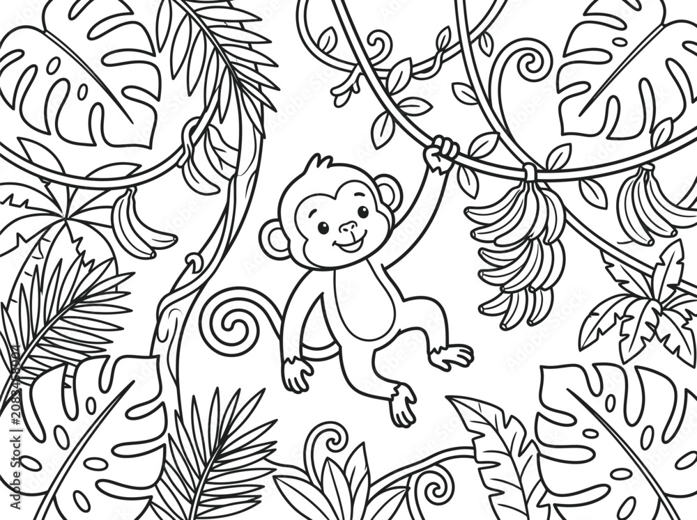 Fototapeta premium Jungle theme coloring page with cute monkey swinging on vine surrounded by tropical leaves.