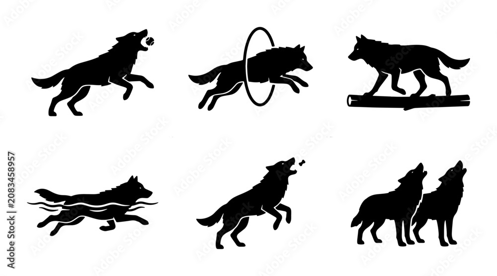 Obraz premium Wolf Silhouettes Collection: Dynamic Poses, Wild Animal Icons, Nature Graphics, Vector Art for Wildlife Themes
