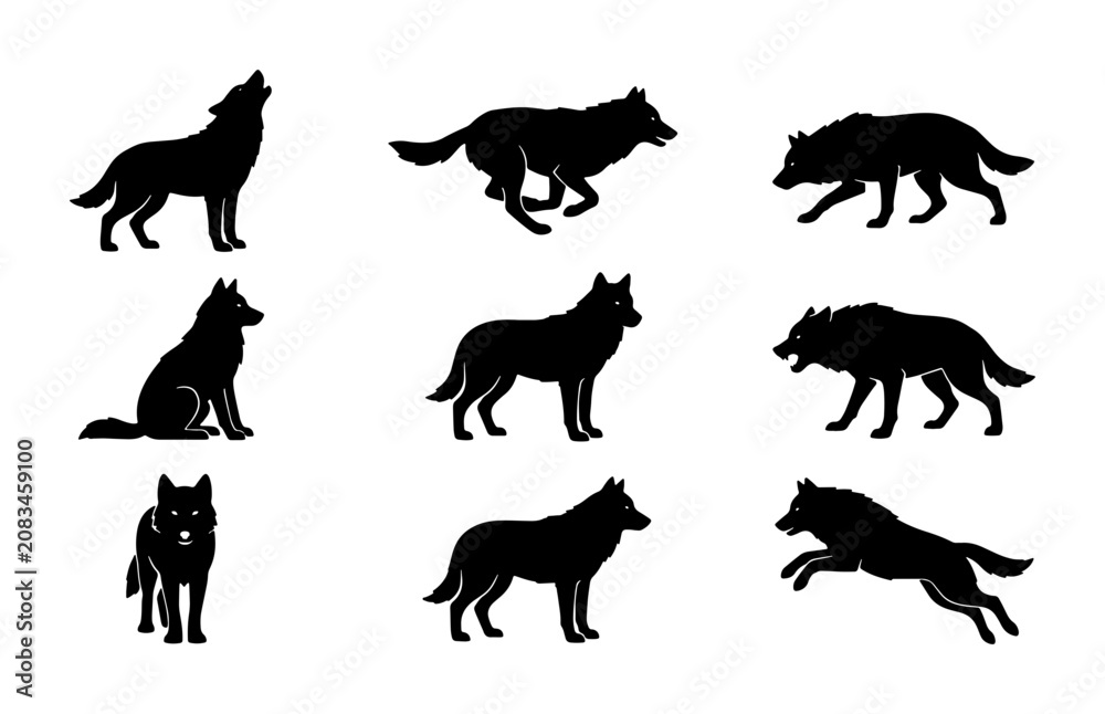 Obraz premium Wolf Silhouettes Collection, Canine Animal Poses Vector Set, Wild Nature Wildlife Graphic Elements, Black and White Iconography