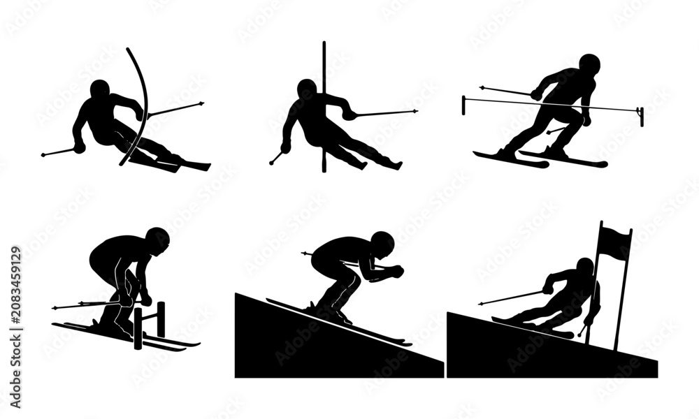 Fototapeta premium Dynamic Skiing Silhouettes Collection, Alpine Sport Action Poses, Winter Race Graphics, Vector Set for Sports Design