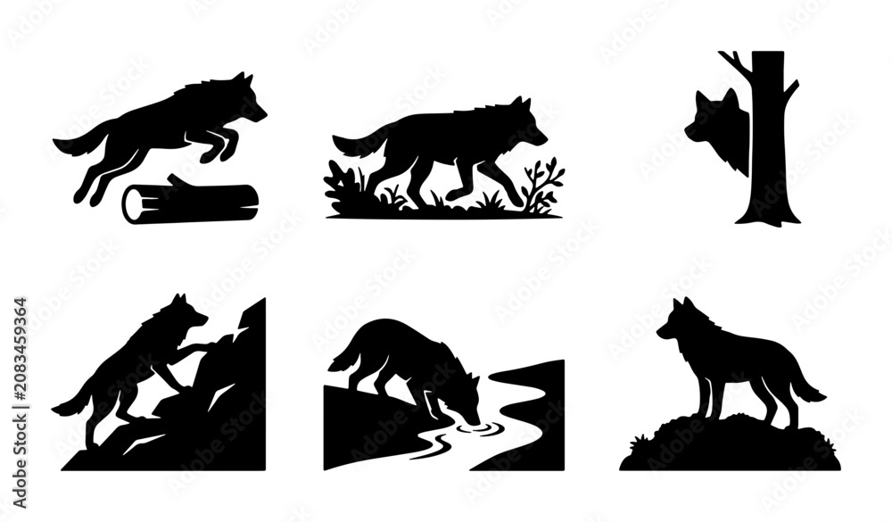 Fototapeta premium Wolf Silhouettes Collection, Wildlife Vector Icons, Forest Animal Graphics, Nature Scene Elements, Hunting Predator Art