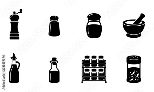 Картината върху платно Kitchen Spice and Seasoning Icons: Salt Shaker, Pepper Mill, Oil Cruet, Mortar P