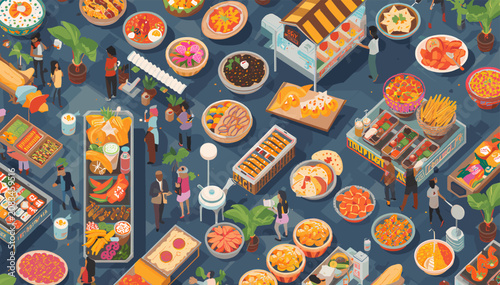 Photos Vibrant isometric illustration of a bustling outdoor food market or festival with diverse people, food stalls, and a wide array of international dishes