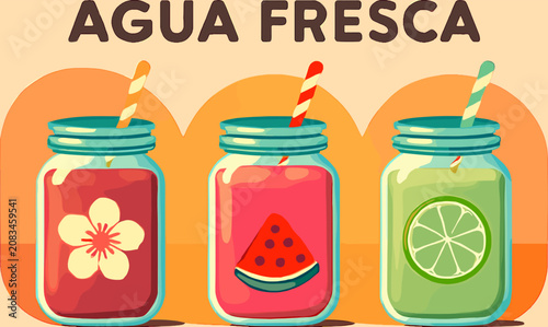 Schilderij op canvas Three colorful mason jars filled with refreshing fruit-flavored Agua Fresca drinks, featuring watermelon, lime, and a floral design, perfect for summer