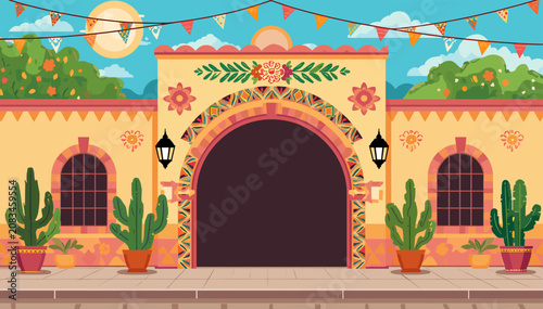 Cuadro en lienzo Vibrant cartoon illustration of a traditional Mexican building facade with an arched entrance, potted cacti, festive banners, and a sunny sky