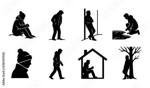 Canvastavla Collection of 8 Black Silhouette Icons Depicting Solitude, Sadness, and Isolatio