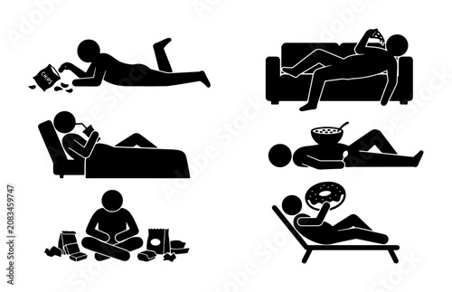 Tableau sur toile Stick Figure Icons: Relaxation, Idleness, and Leisure Activities, Vector Set