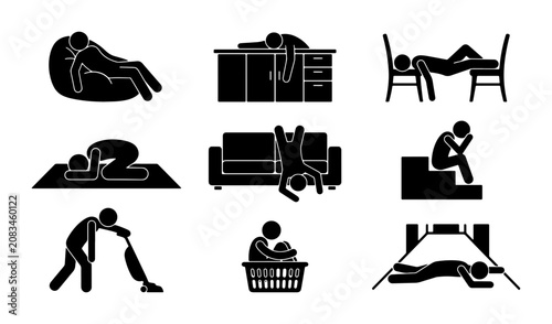 Fotografía Exhausted Stick Figure Poses Set, Tired Person Icons, Lazy Lifestyle Vector Coll