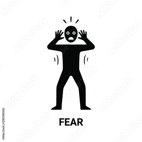 Photos Human figure silhouette expressing fear a stark black graphic on a white backgro