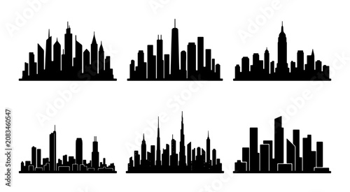 Foto Modern Cityscape Silhouettes, Urban Skyline Vector Collection, Downtown Architec
