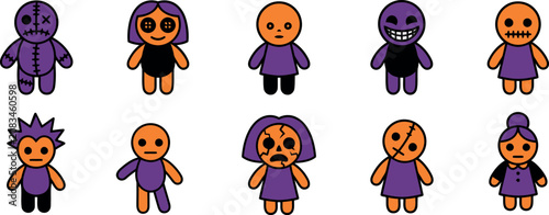 Tableau sur toile Set of cute halloween voodoo dolls and spooky character icons with halloween cha