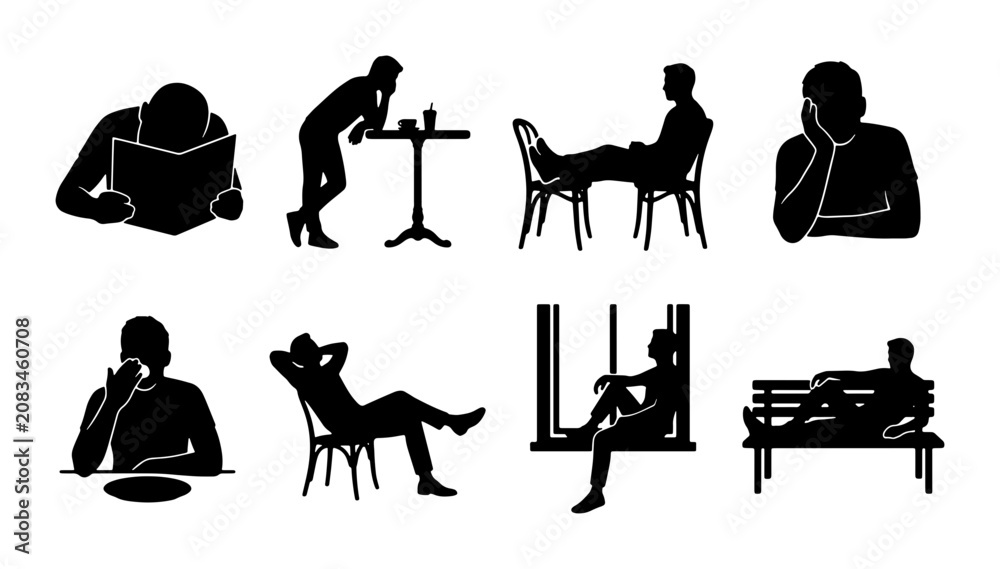 Fototapeta premium Silhouette Figures: Relaxing Poses, Casual Activities, Vector Icons for Lifestyle and Leisure Scenes