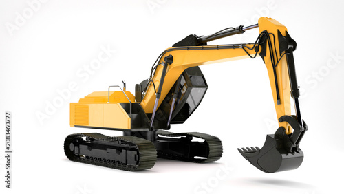 Obraz na plátně Yellow tracked excavator heavy construction equipment, three-quarter view isolat