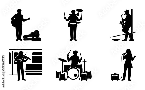 Photography Street Musician Silhouettes Collection: Guitarist, Drummer, Saxophonist, Violini