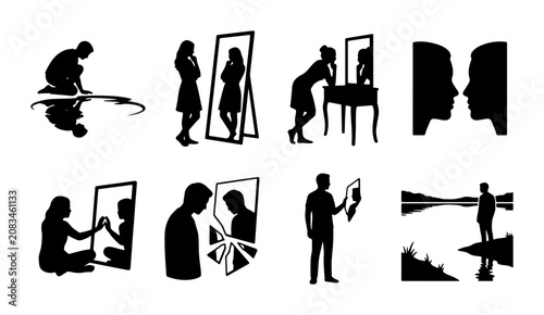 Canvastavla Self-Reflection Silhouette Icons, Mirror Metaphor Vector Set, Identity Crisis &
