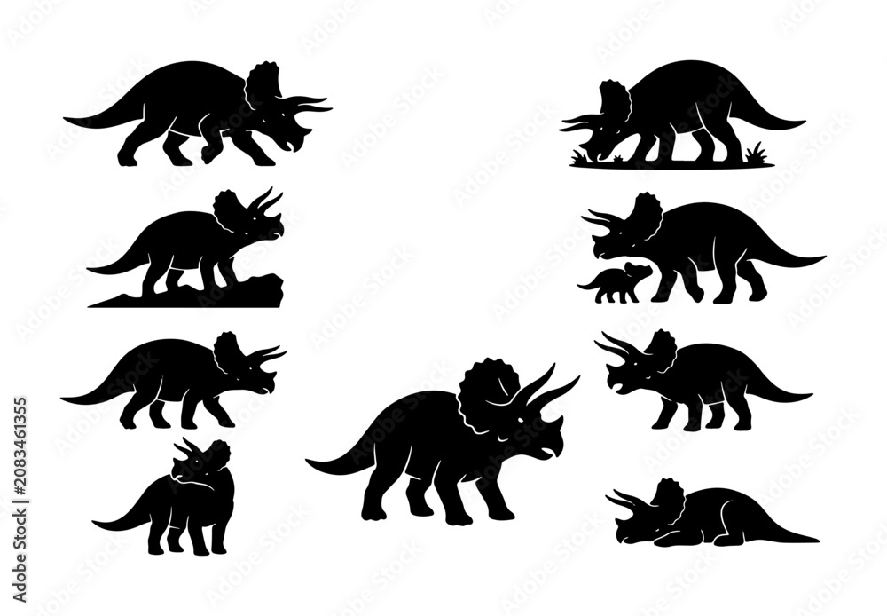 Obraz premium Triceratops Dinosaur Silhouettes, Prehistoric Reptile Vector Set, Ancient Creature Icons for Educational and Wildlife Designs