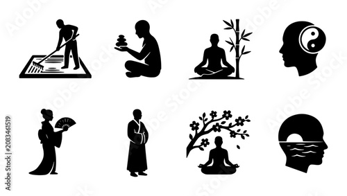 фотографія Zen Meditation Icons, Mindfulness Symbols, Spiritual Balance, Yoga Poses, Tranqu
