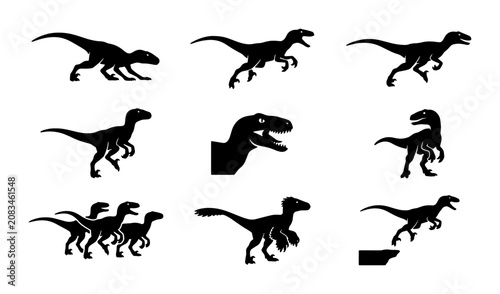 Schilderij op canvas Dinosaur Silhouettes Collection: Velociraptor Poses, Prehistoric Creature Icons,