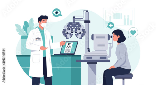 Optometrist Examining Patient's Vision Using Latest Medical Equipment and Healthcare