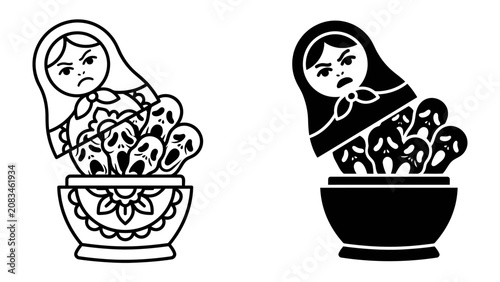 фотографія Matryoshka Doll's Inner Turmoil: A stark illustration depicts a matryoshka doll revealing a cascade of tormented faces, symbolizing hidden anxieties and repressed emotions