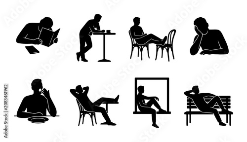 Konstfotografi Silhouette Figures, Diverse Poses: Reading, Relaxing, Contemplating, 8 Vector Ic