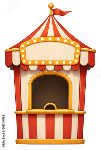 Red And White Striped Circus Carnival Booth With Golden Marquee Lights On Transparent Background