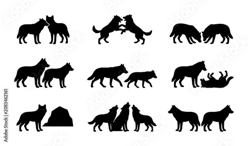 Schilderij op canvas Wolf Pack Silhouettes, Canine Interaction Icons, Wild Animal Behavior Graphics,
