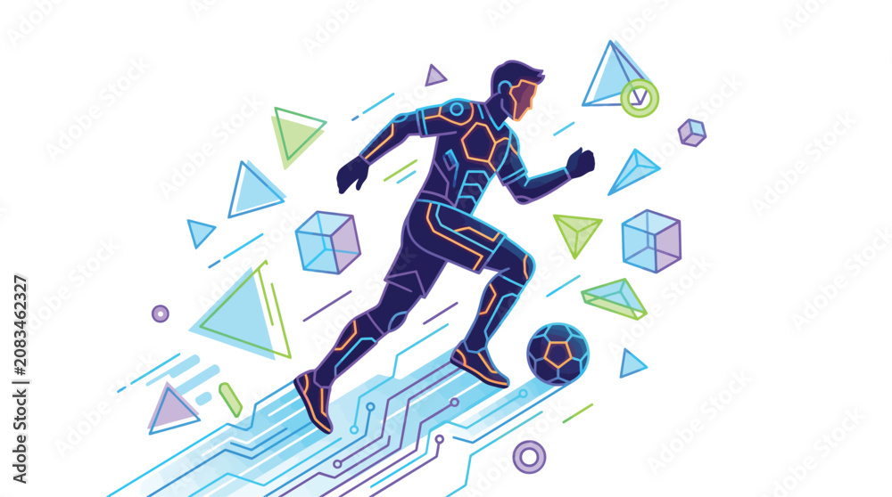 Fototapeta premium Athlete runs with a soccer ball through a digital landscape filled with floating geometric shapes and circuit patterns.