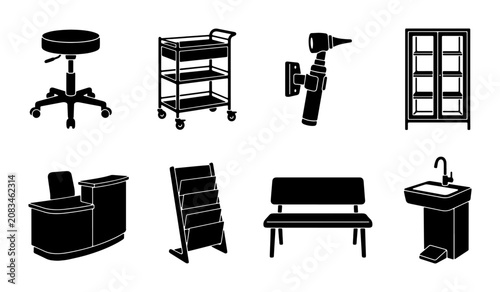 Foto Medical Clinic Furniture and Equipment Icons Set, Healthcare Office Supplies, Do