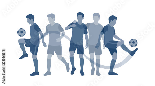 Soccer players demonstrate a sequence of ball handling skills through a series of blue-toned silhouettes.