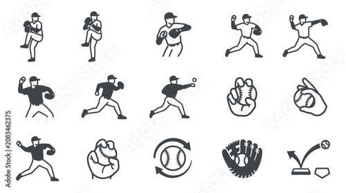 Fényképezés Baseball Player Swinging and Playing Icons.