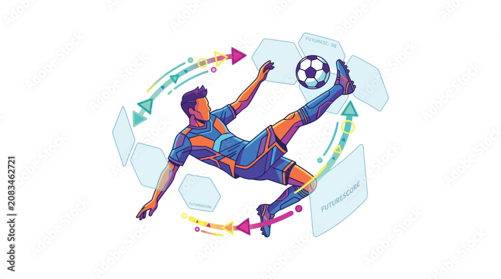 Fototapeta premium Soccer player performs an impressive mid-air kick while surrounded by rotating digital panels that symbolize the tactical analysis of professional match play.
