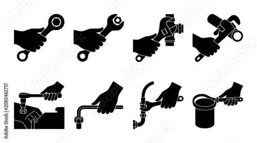 Canvastavla Hand Holding Wrench Icons, Plumbing Tool Set, Mechanic Hand Actions, Industrial
