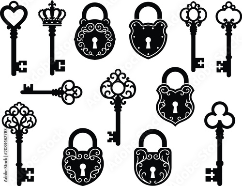 Vintage key and padlock collection antique old secret lock decorative filigree elements black silhouettes isolated icons set