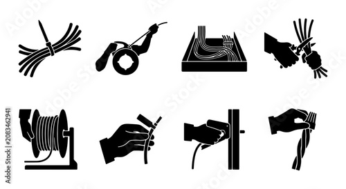 Icon Set: Electrical Wiring, Cable Management, and Installation Tools Vector Graphics for Technical Manuals and DIY Projects