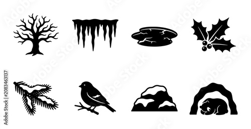 Foto Winter Icons Set: Bare Tree, Icicles, Snow, Holly, Pine Branch, Bird, Snowy Hill