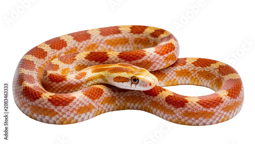 Foto Orange and yellow corn snake coiled with red diamond pattern
