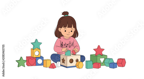 Little girl sitting on the floor playing with various colorful geometric blocks and a shape sorting cube toy in a white space.
