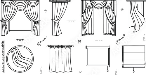 Tableau sur toile Curtain and window drapes vector icon set featuring luxury valance blinds roller