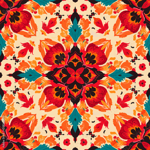Obraz na plátně Vibrant symmetrical kaleidoscopic pattern with floral motifs in red, orange, teal, and cream, creating a decorative textile design