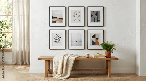 Arrangement of six framed artworks featuring abstract shapes and botanical sketches displayed on a light wall above a wooden bench with a throw and small decor items in a sunlit room with sheer
