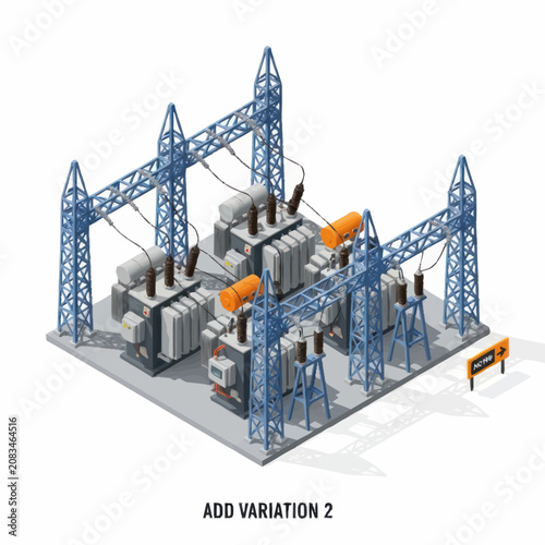 Isometric view of electrical substation with transformers and power lines.