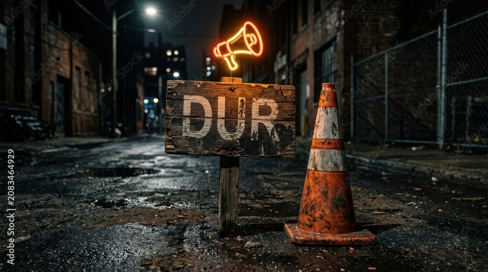 Naklejka premium Neon megaphone sign on wooden board with traffic cone in dark alley